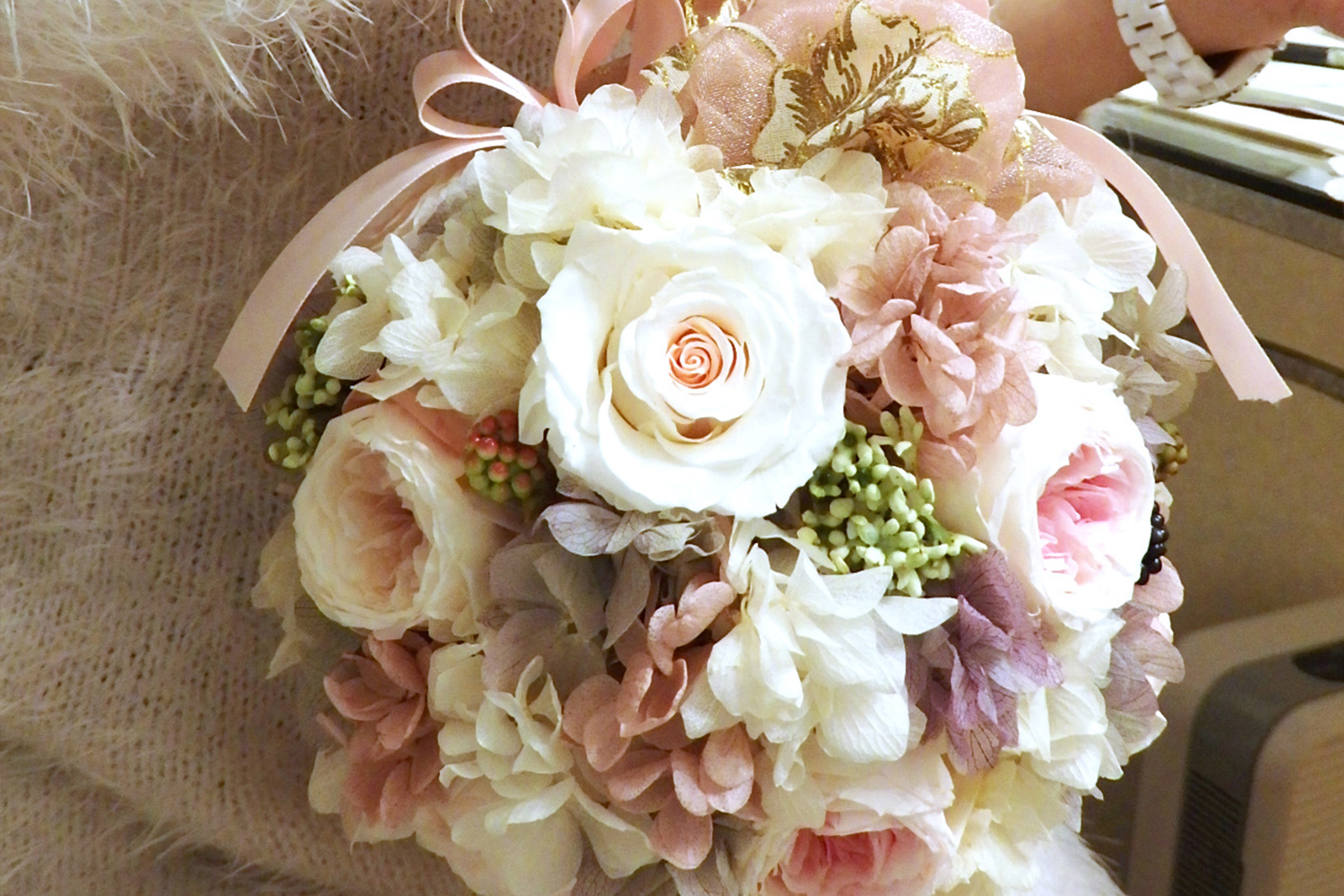 実際にお作りいただいたウェディングアイテム、バッグブーケ